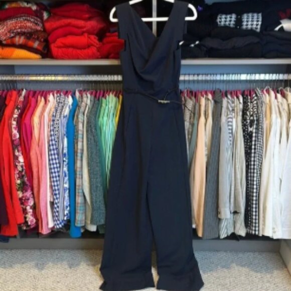 Black Halo navy sleeveless belted back zipper closure jumpsuit size 4 - Picture 1 of 3
